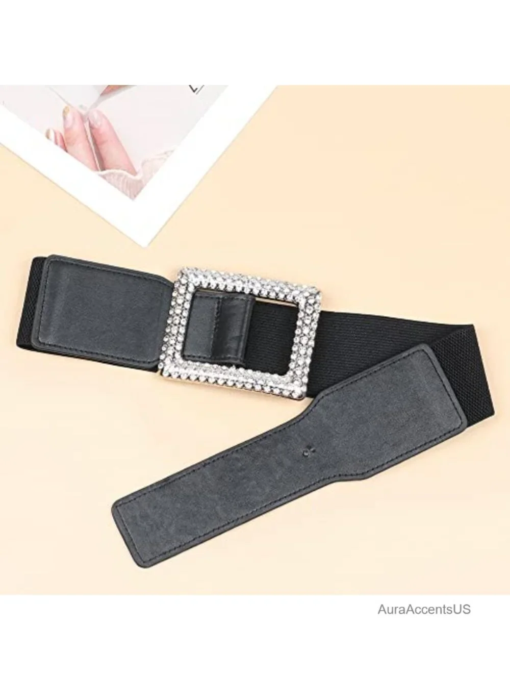 Elastic Wide Waist Belt Stretchy Retro Cinch Belt with Rhinestone Buckle